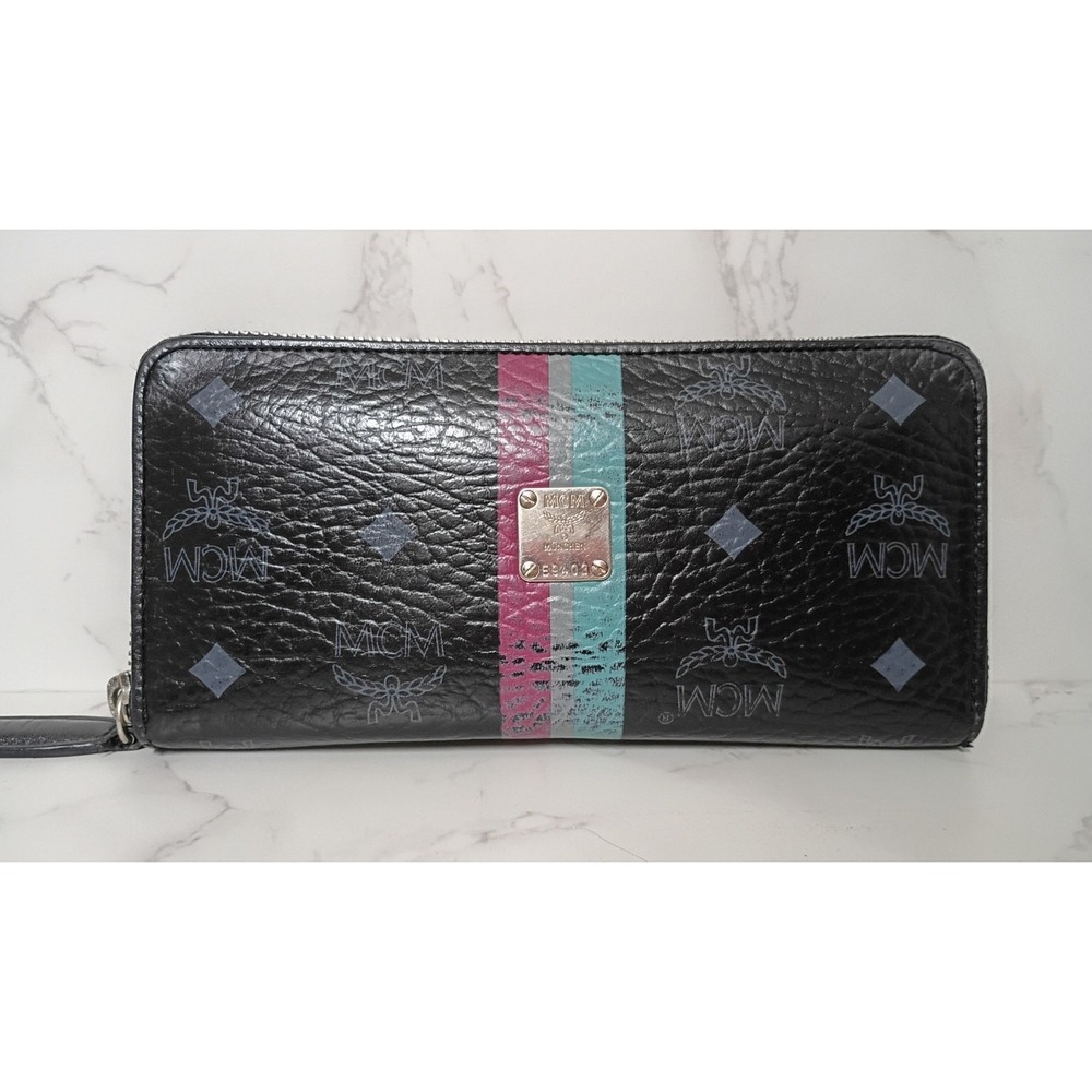 MCM Black Visetos Leather Large Zip-Around Wallet with Pink Gray & Blue Stripes